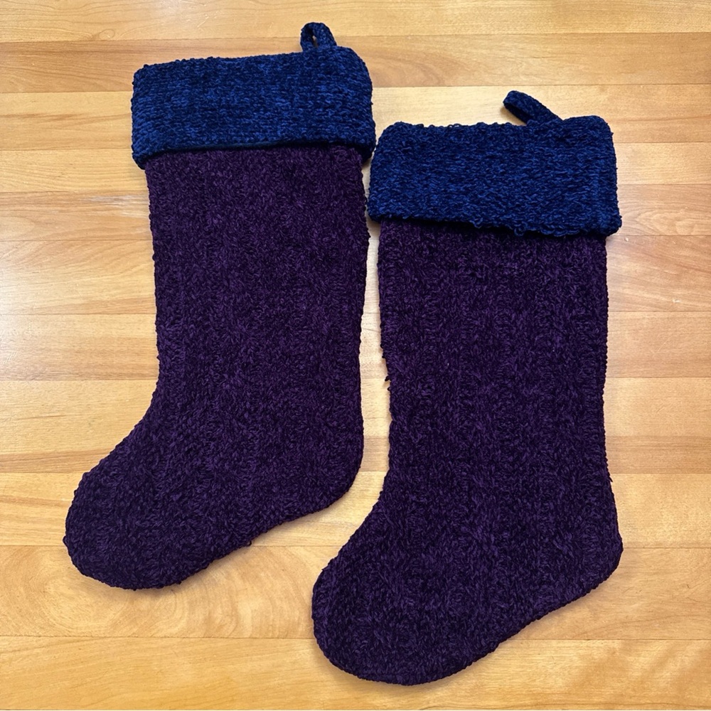 Set Of 2 Purple Cable Knit Christmas Stockings Lined w/Blue Cuff